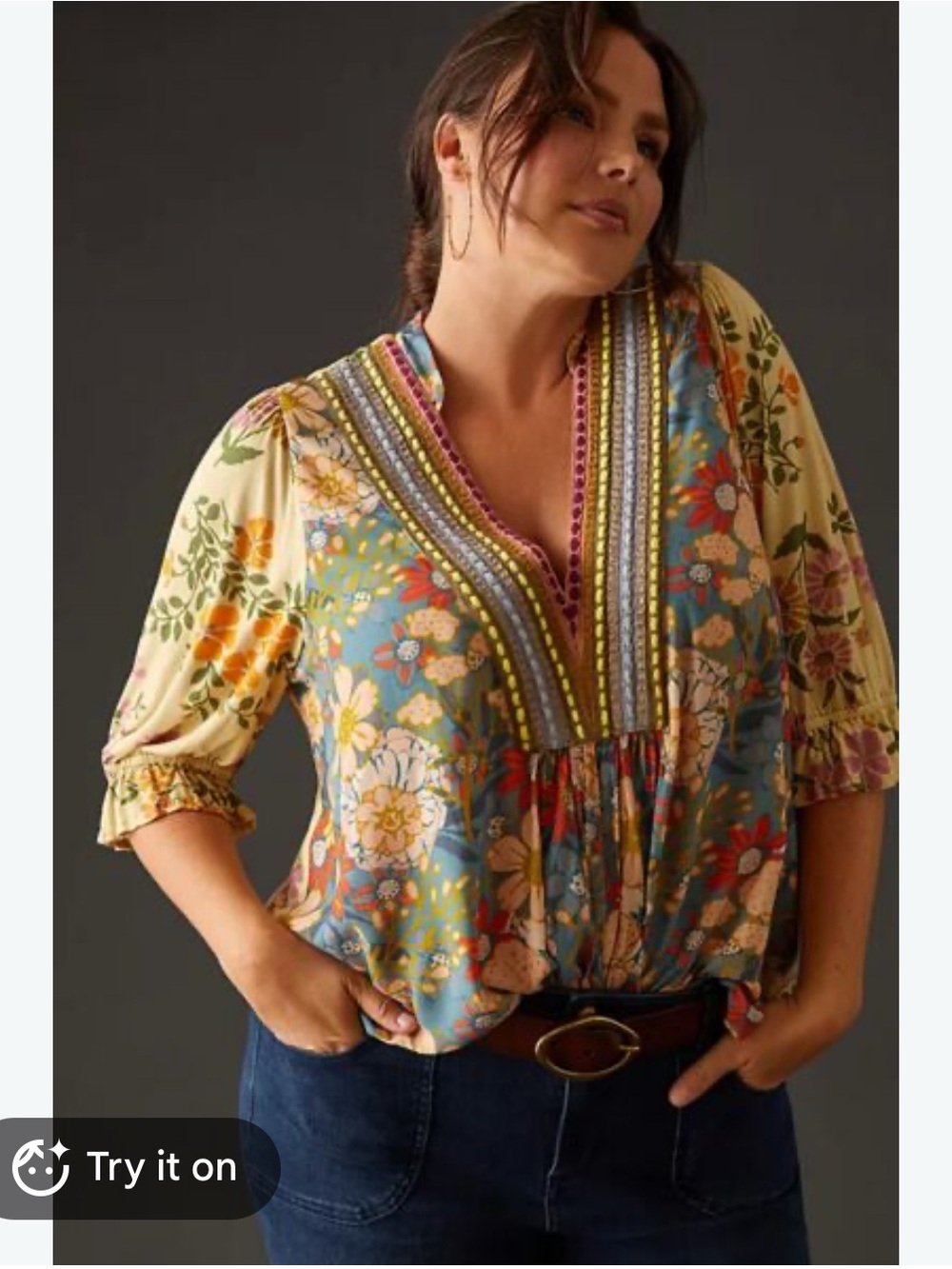 Anthropologie Floral Peasant Blouse in Cream, Blue, Green, Yellow